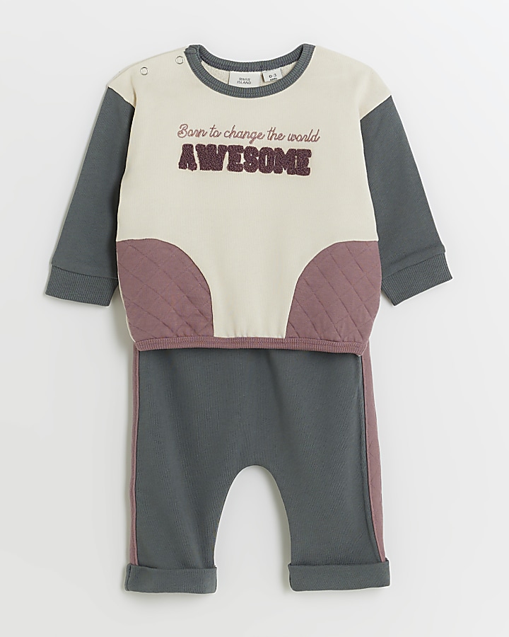 Baby boys cream colour block sweatshirt set River Island