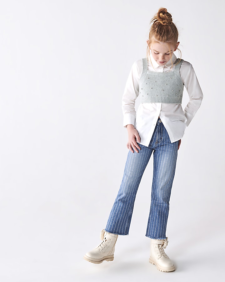 Girls blue embellished straight jeans