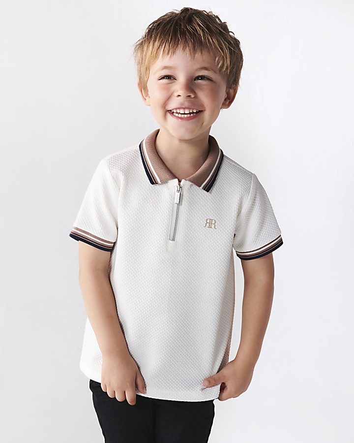 Mini boys white textured tipped polo shirt | River Island