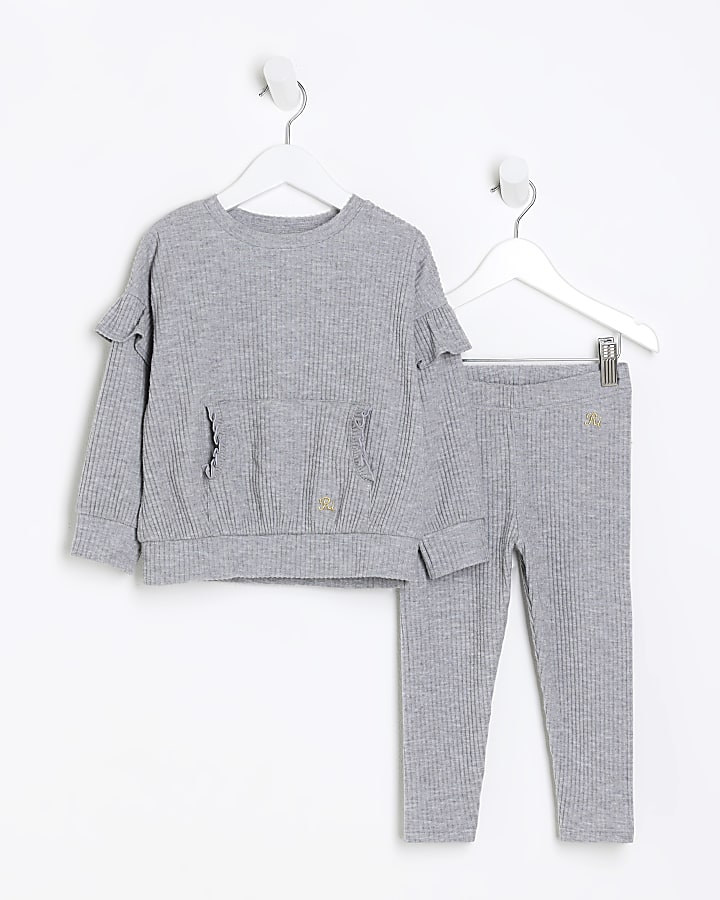 Mini girls grey cosy rib frill sweatshirt set