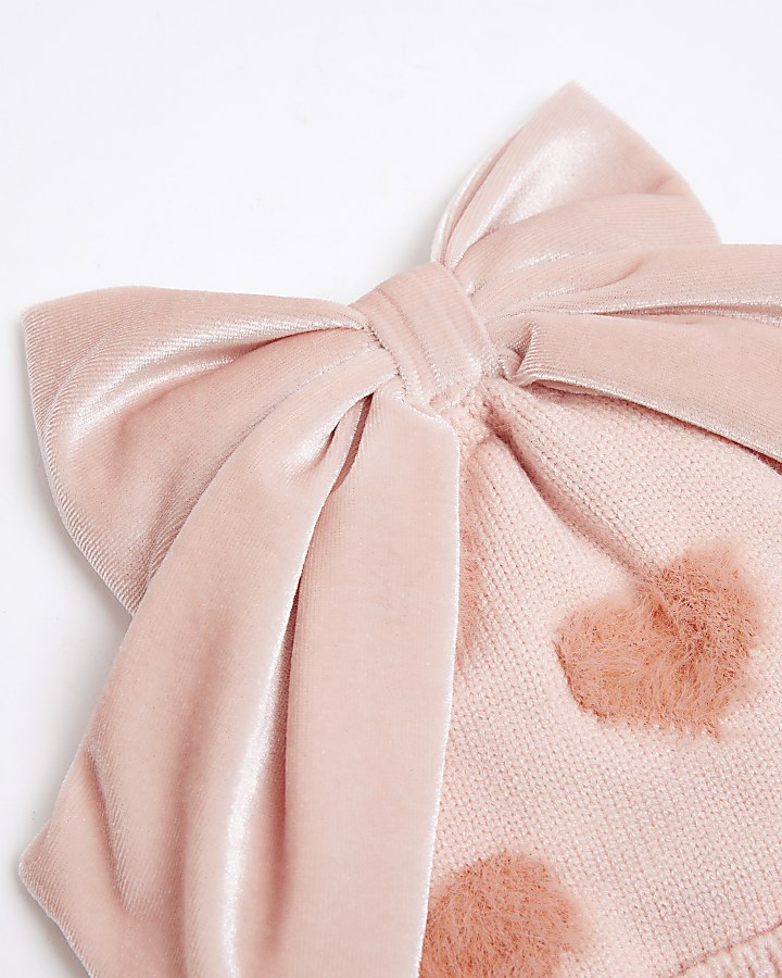 Mini girls pink heart design bow beanie hat