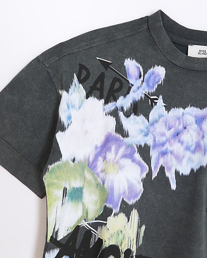 Girls grey floral boxy cropped t-shirt