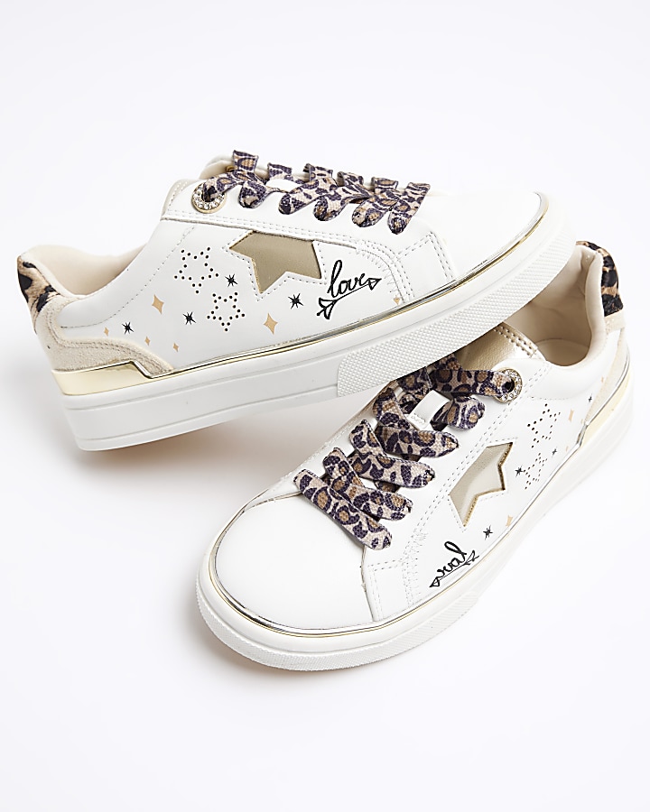 Girls white star lace up trainers