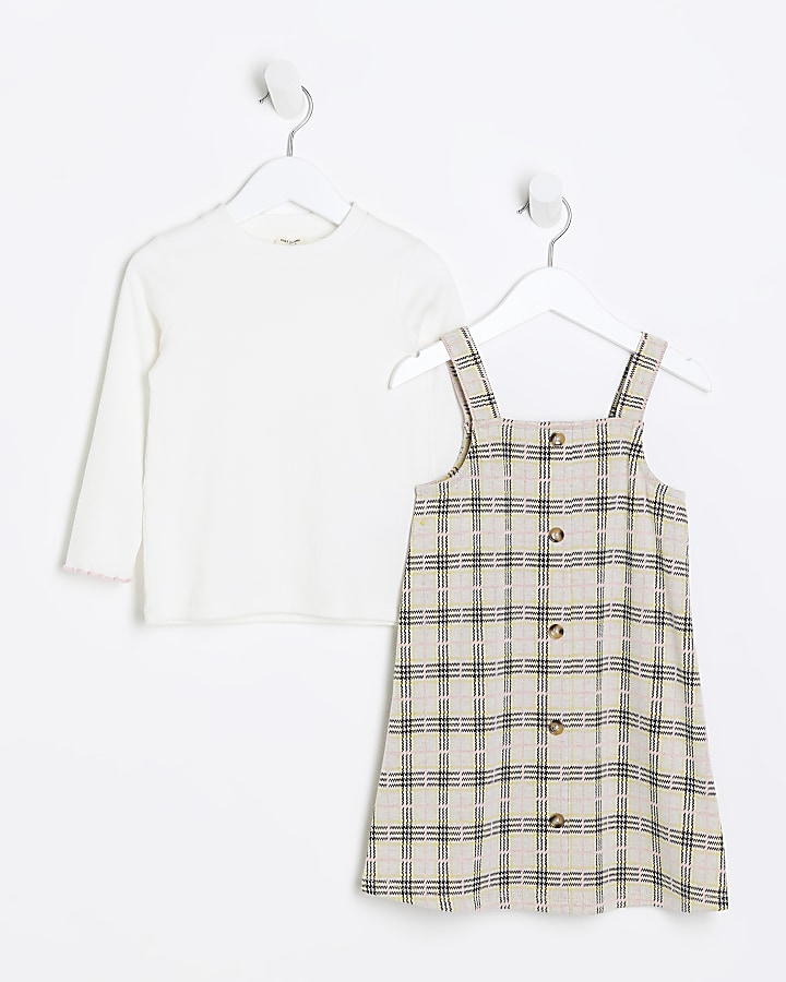 Mini girls beige check pinafore dress set