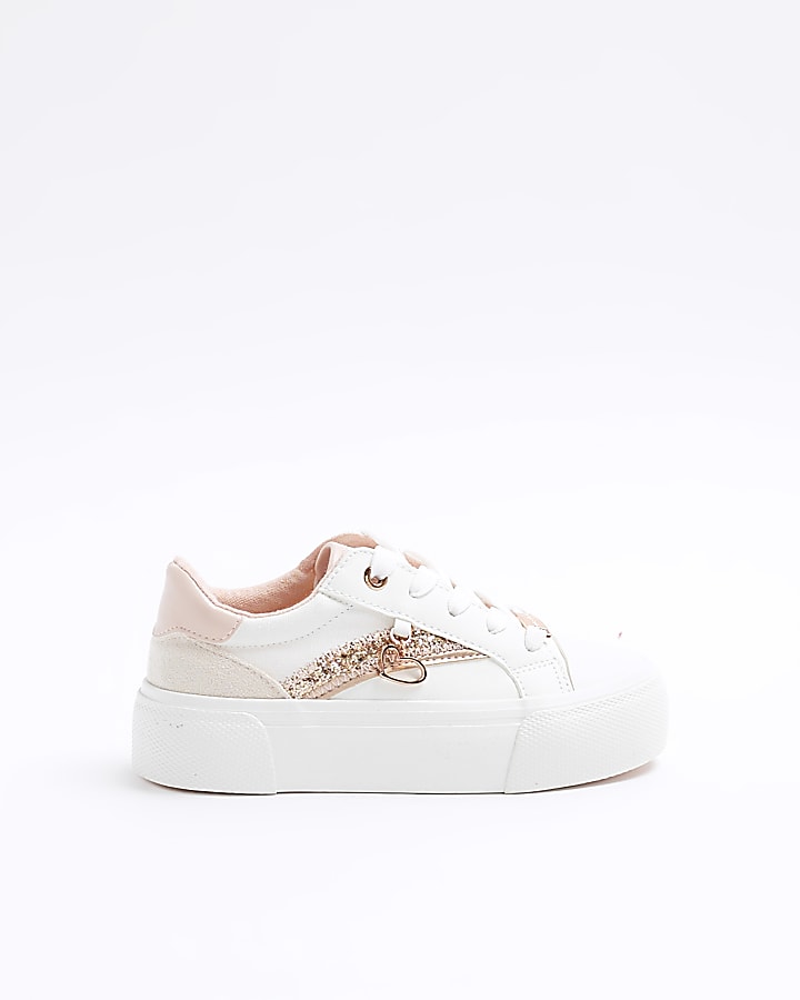 Girls rose gold glitter lace up trainers