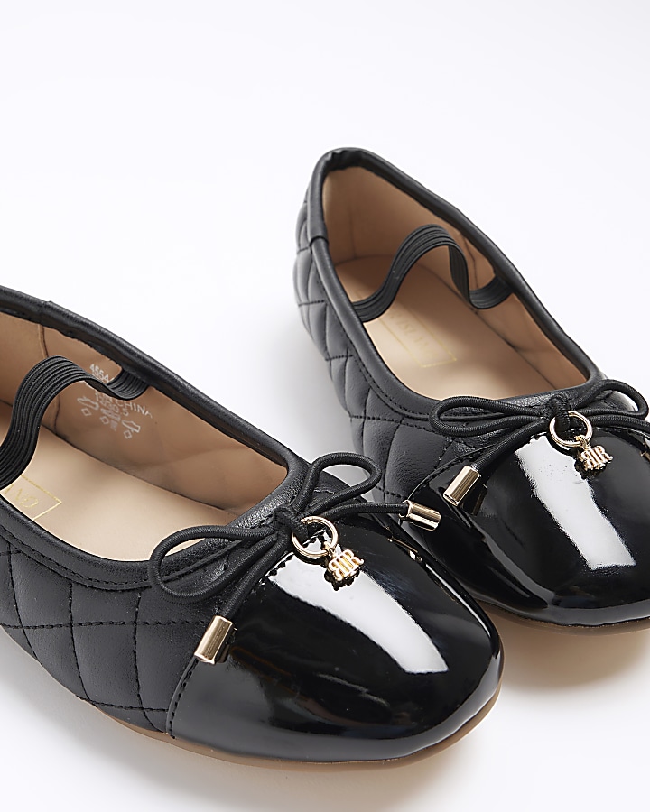 Girls black quilted bow ballet pumps