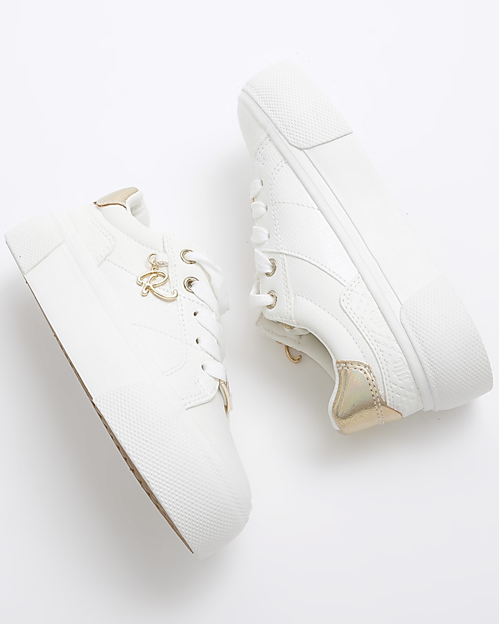 Girls white charm lace up trainers