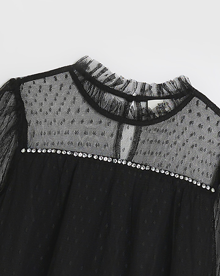 Girls black mesh embellished tiered dress | River Island