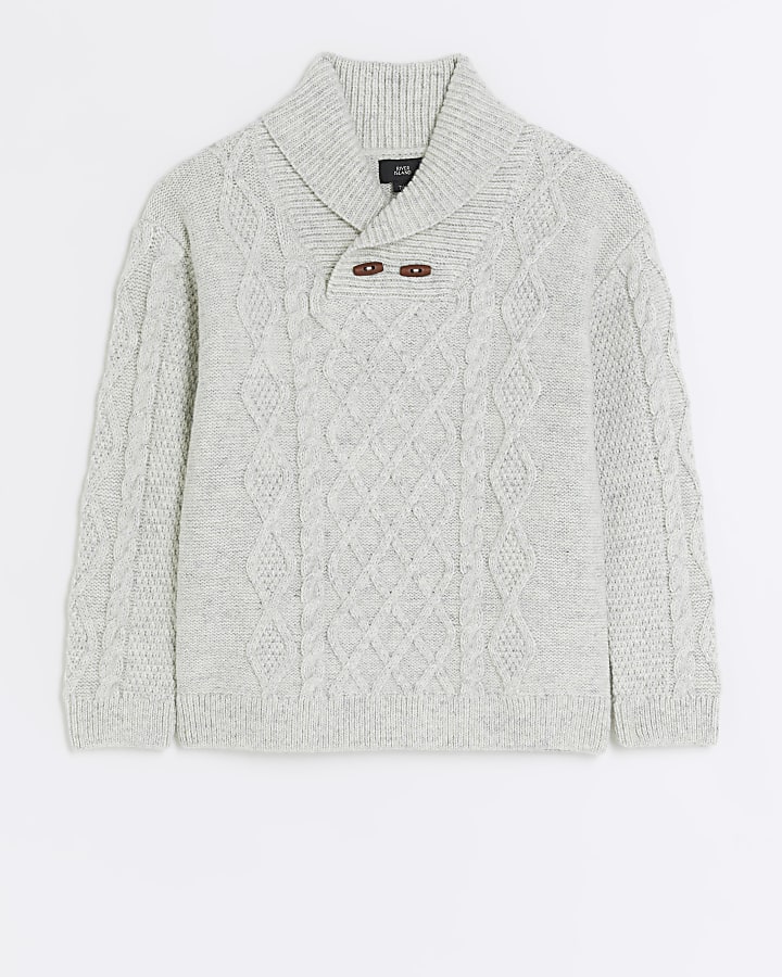 Boys grey cable knit shawl jumper River Island