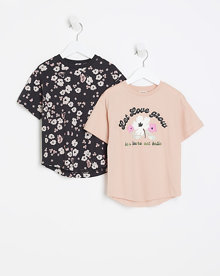 Mini girls pink floral t-shirt 2 pack