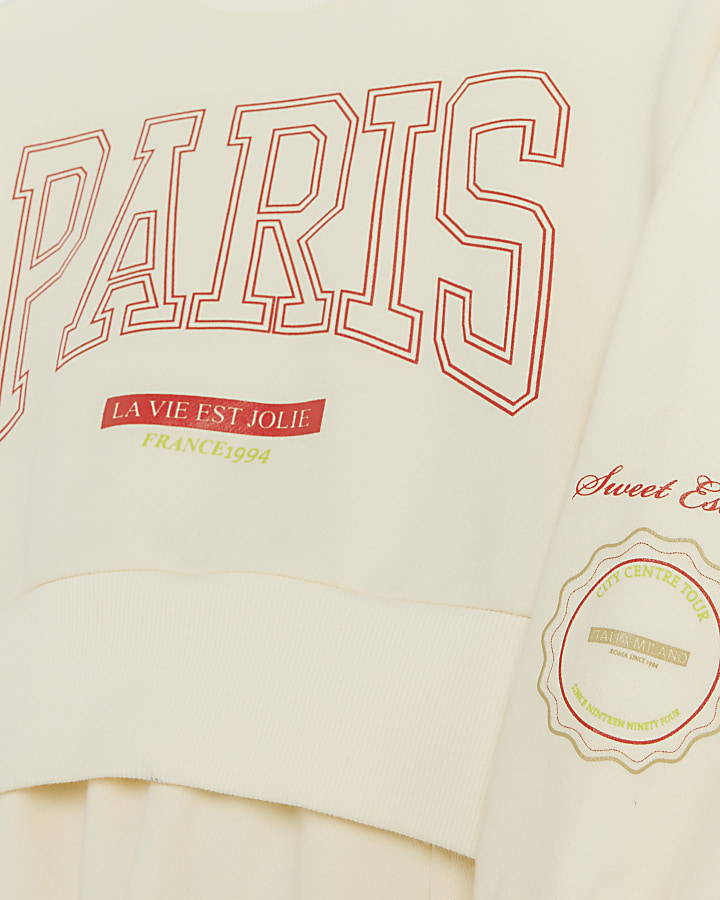 Girls cream Paris sweatshirt and joggers set