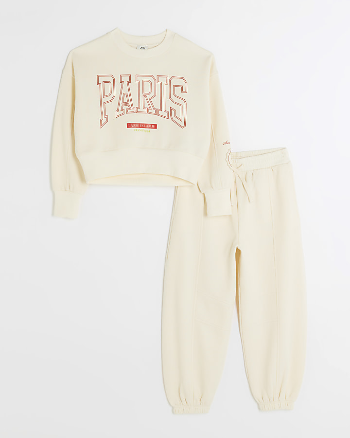 Girls cream Paris sweatshirt and joggers set