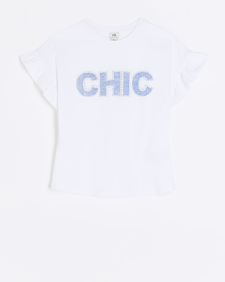 Girls white diamante frill t-shirt