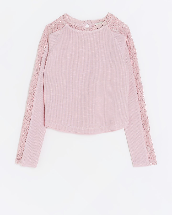 Girls pink lace detail long sleeve top | River Island