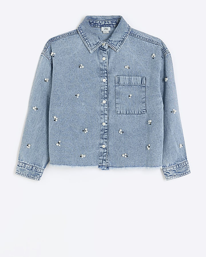 Girls blue denim diamante shirt