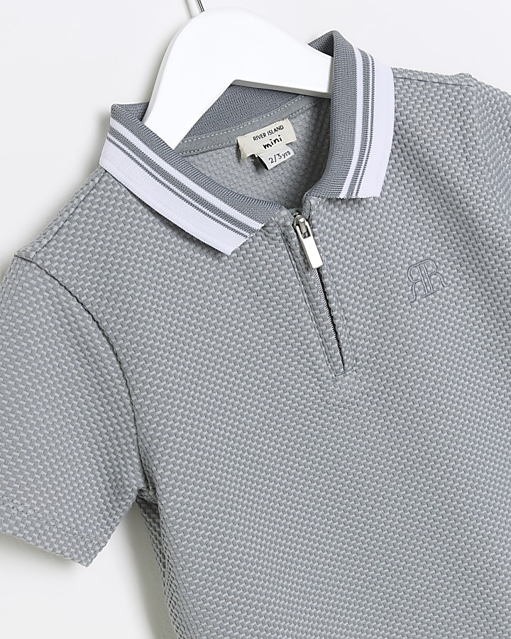 Mini boys grey short sleeve textured polo
