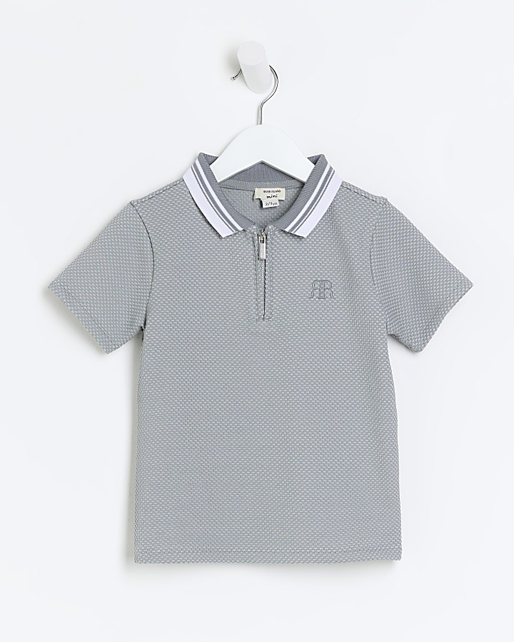 Mini boys grey short sleeve textured polo | River Island