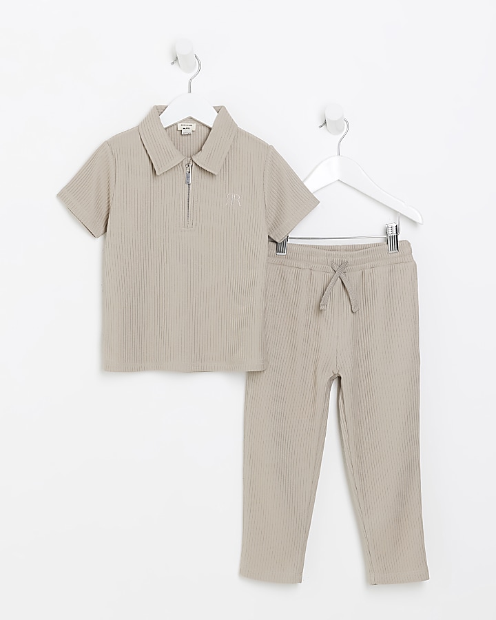 Mini boys grey plisse polo and joggers set