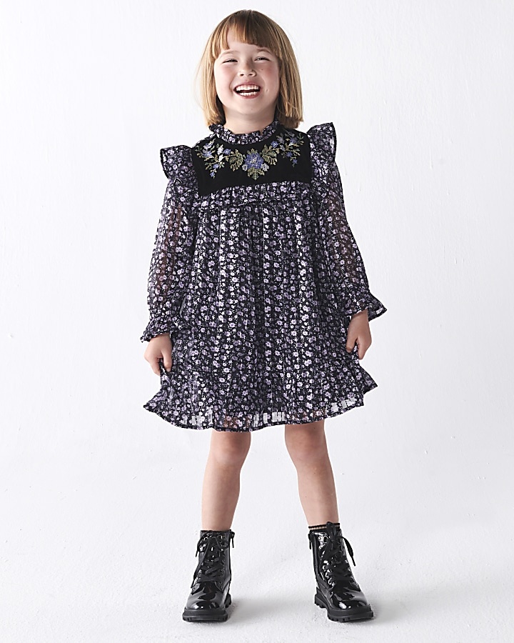 Mini girls purple chiffon floral smock dress