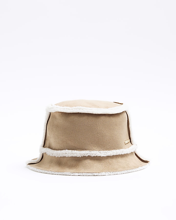 Girls beige borg bucket hat