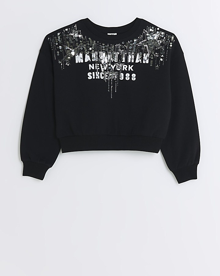 Girls black graphic sequin crop sweatshirt