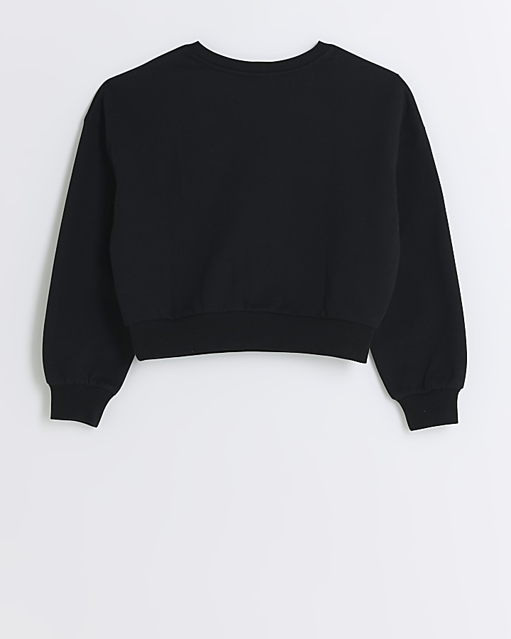 Girls black graphic sequin crop sweatshirt