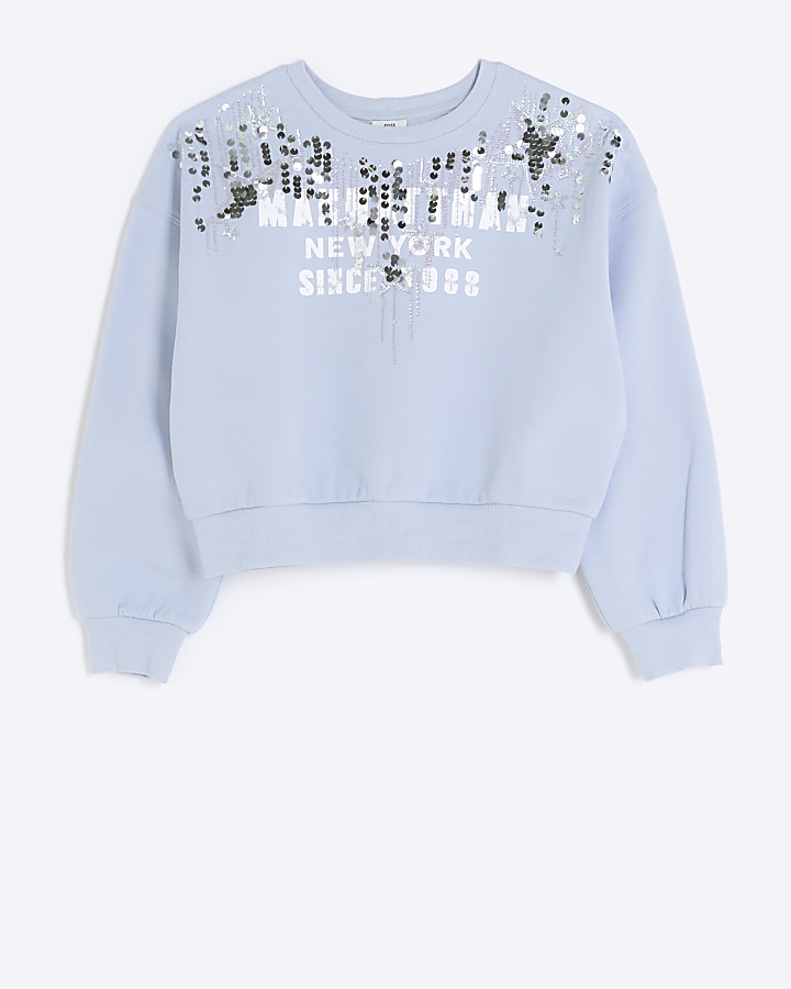Girls blue graphic sequin crop sweatshirt | River Island