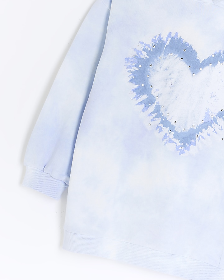 Girls blue tie dye embellished heart hoodie
