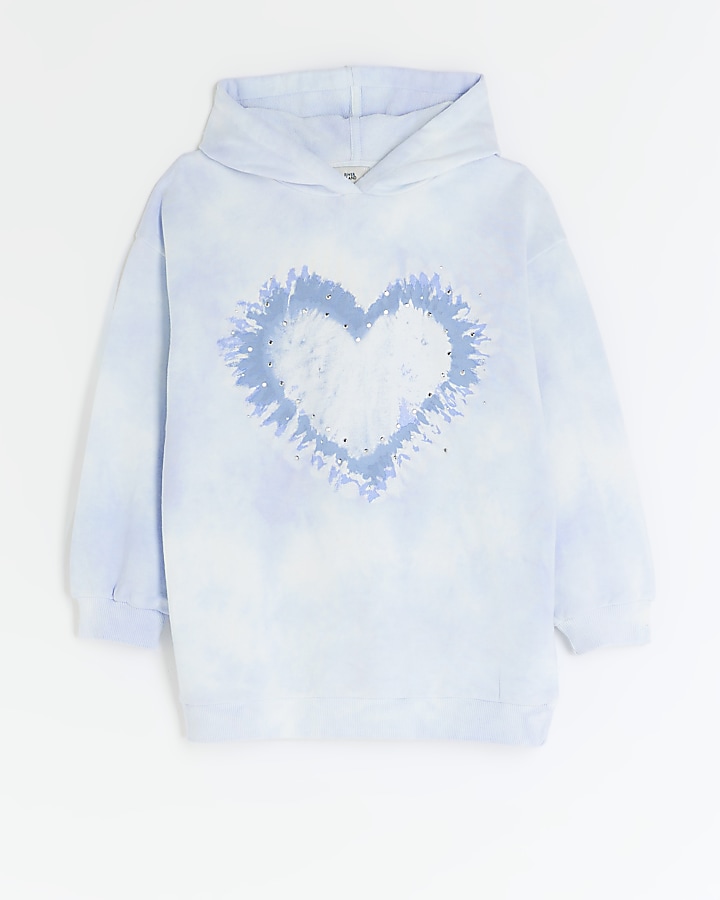 Girls blue tie dye embellished heart hoodie