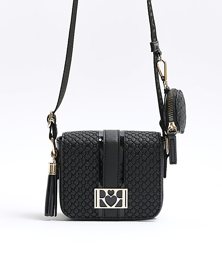 Girls black embossed monogram cross body bag