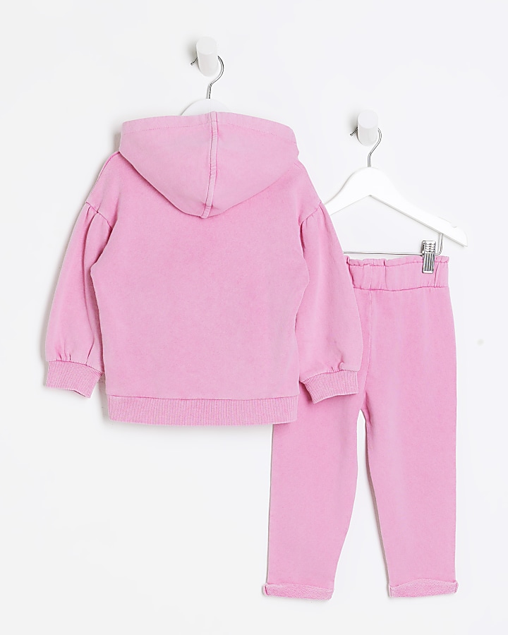 Mini Girls Pink Washed Hoodie set | River Island