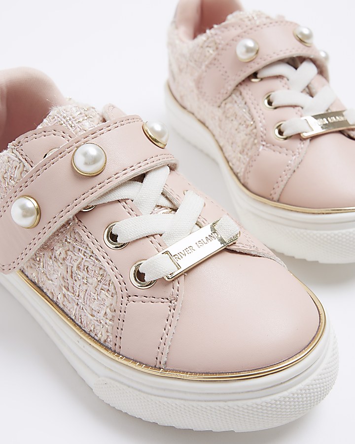 Mini girls pink boucle pearl trainers