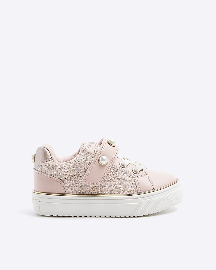 Mini girls pink boucle pearl trainers