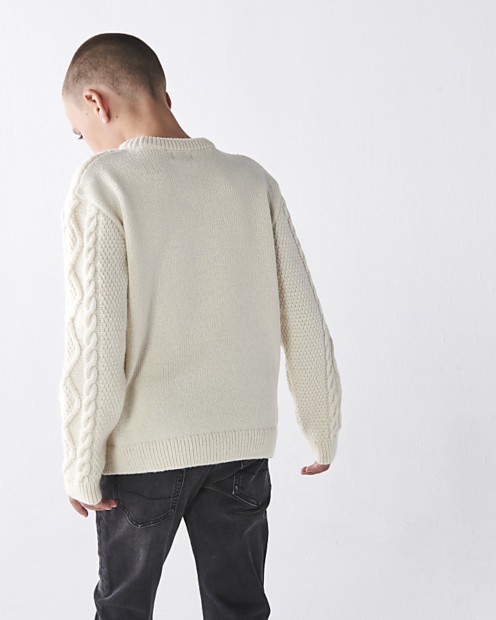 Boys Cream Wool Blend Cable Knit Jumper | River Island