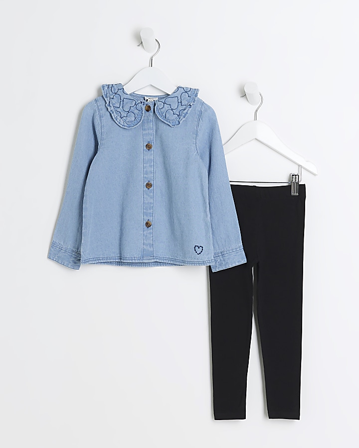 Mini girls blue heart blouse and leggings set