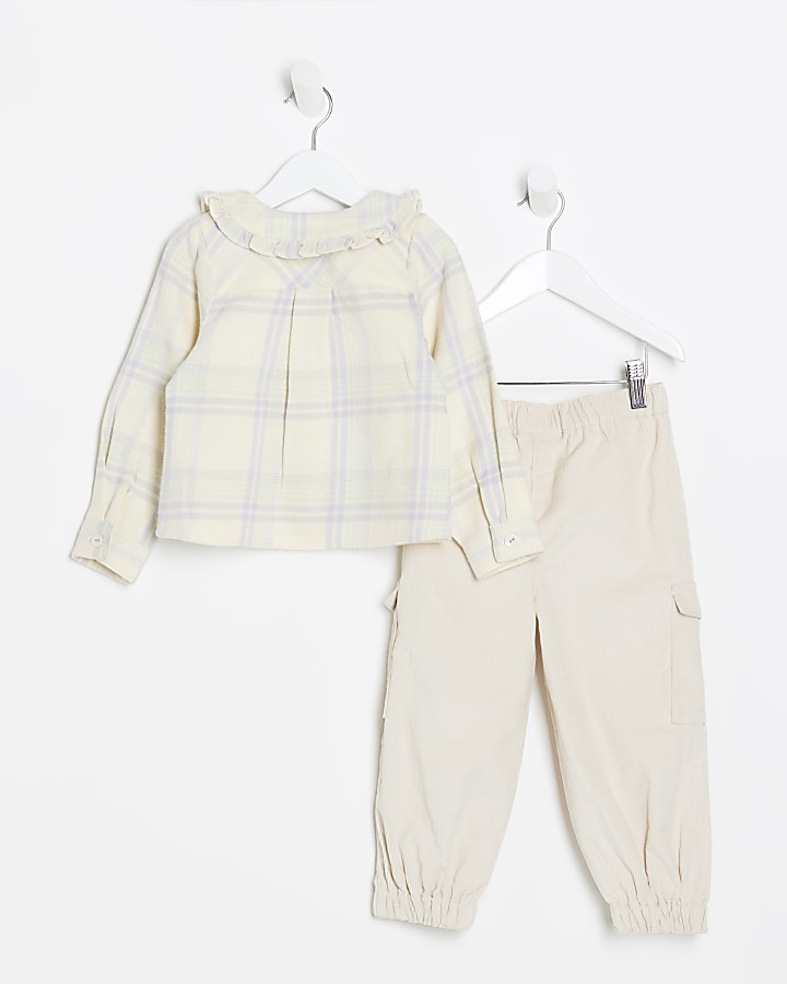 Mini girls green check blouse and cargo set