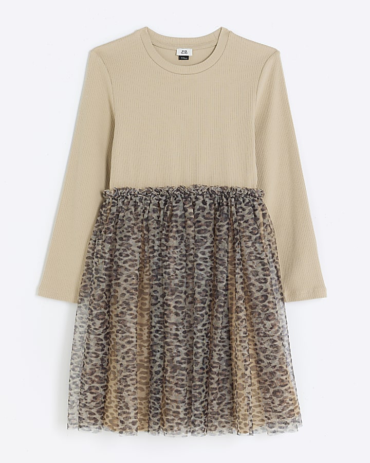 Girls beige animal print skater dress