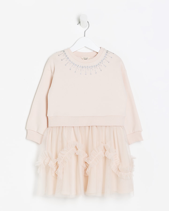 Mini girls pink frill knit party jumper dress | River Island