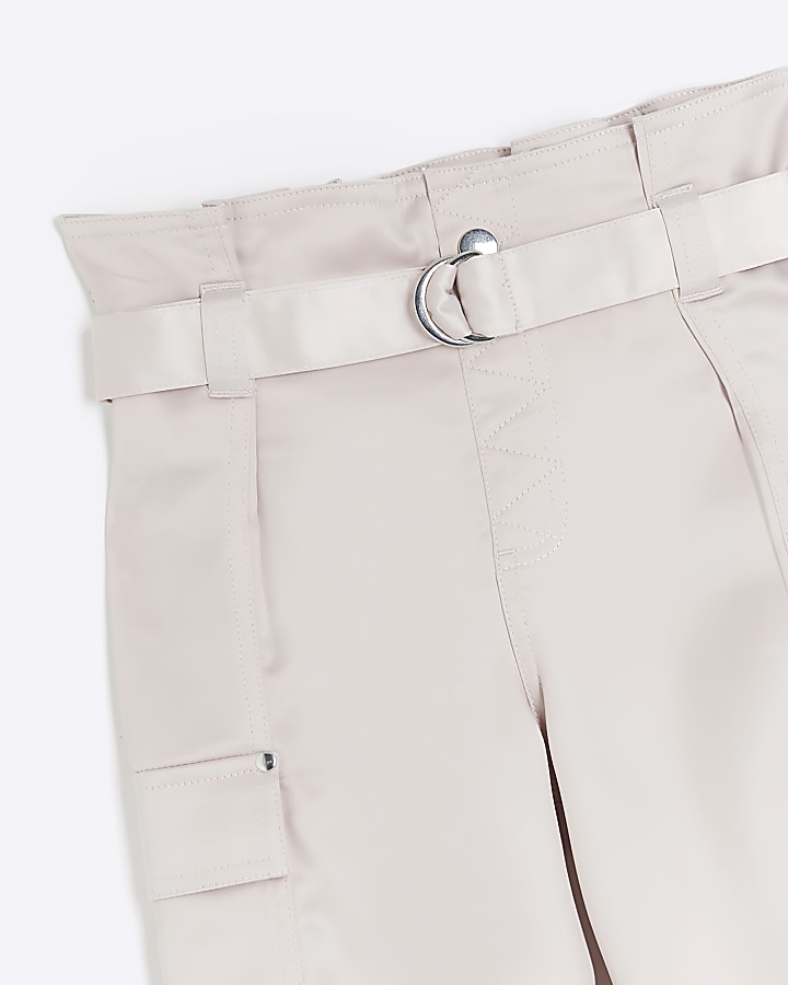 Girls pink satin belted cargo trousers