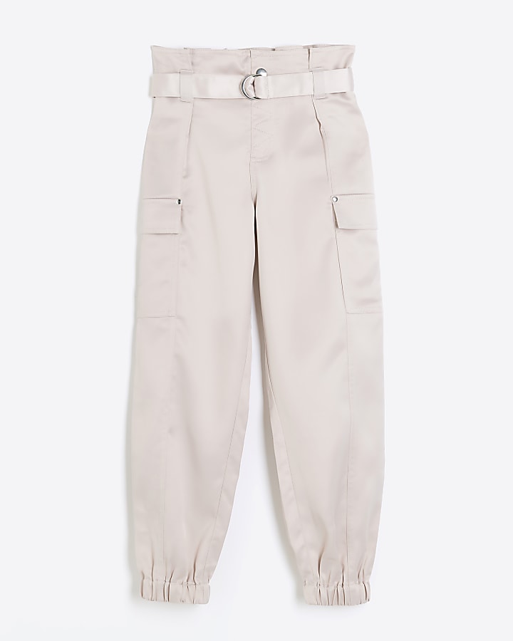 Girls pink satin belted cargo trousers