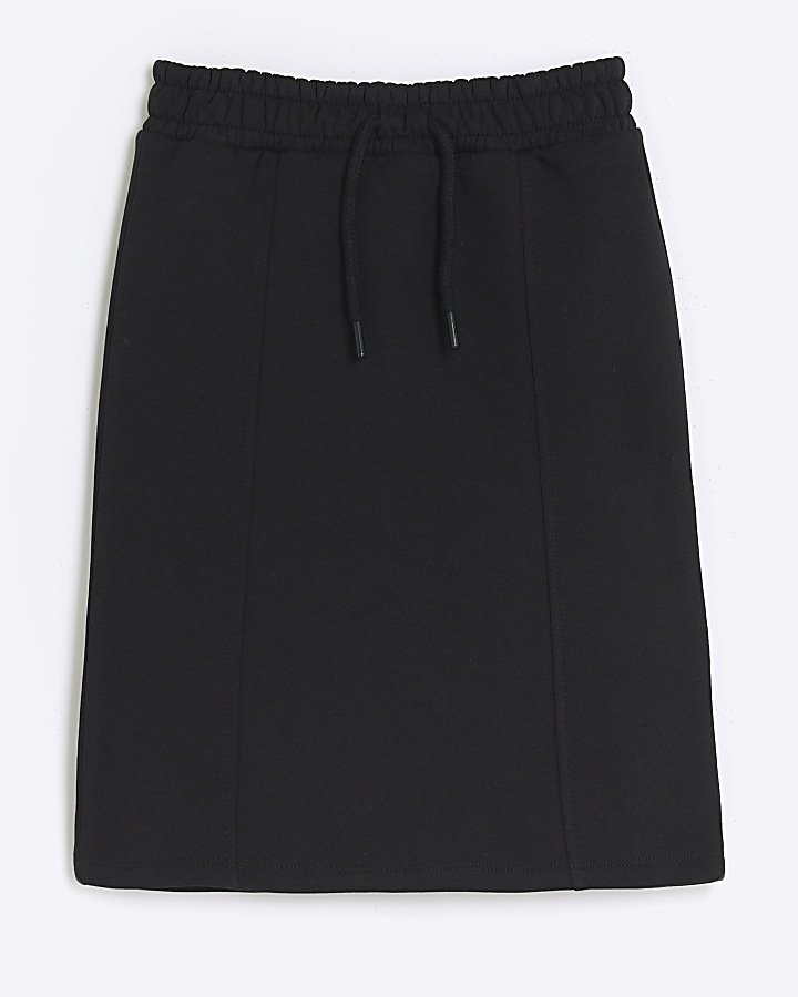 Girls black pull on jersey midi skirt