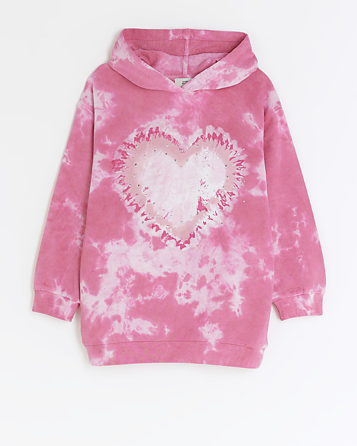 Girls pink tie dye heart hoodie | River Island