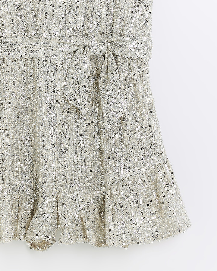 Girls silver sequin belted playsuit