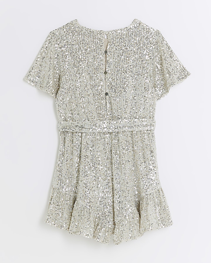 Girls silver sequin belted playsuit