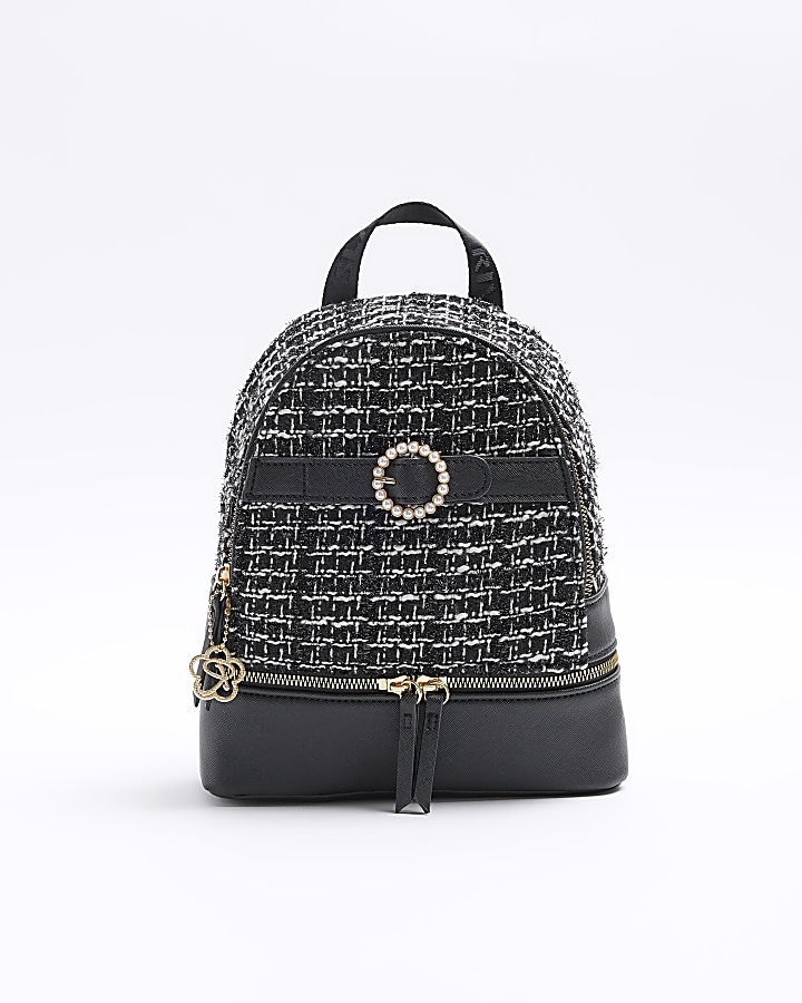 Girls black boucle pearl backpack River Island