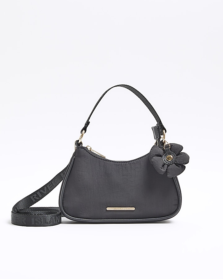 Girls black nylon flower scoop shoulder bag