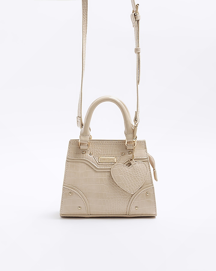 Girls beige croc embossed tote bag River Island