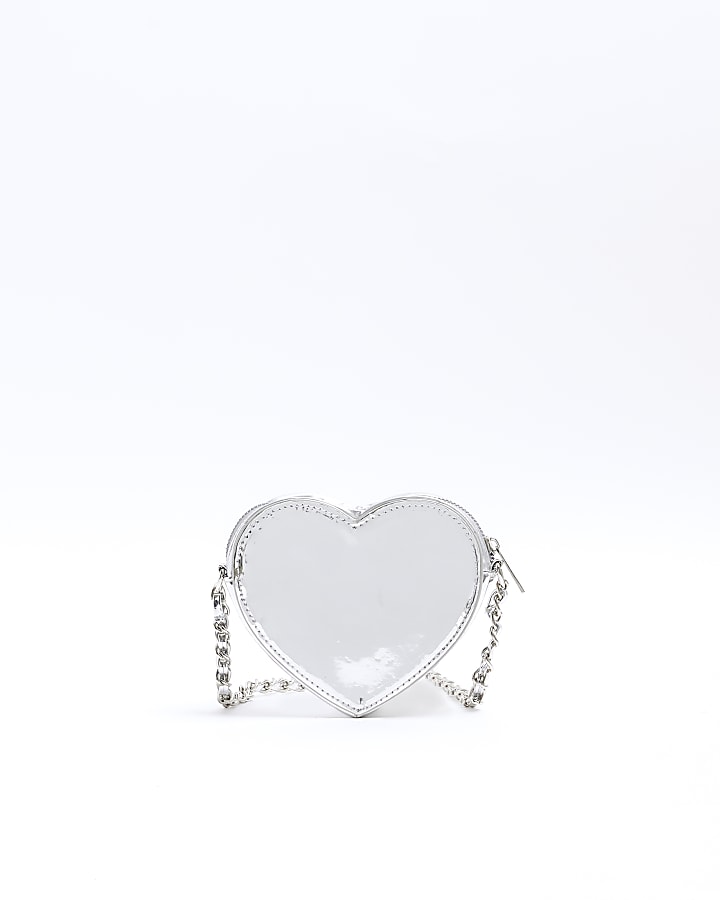 Girls silver heart diamante cross body bag