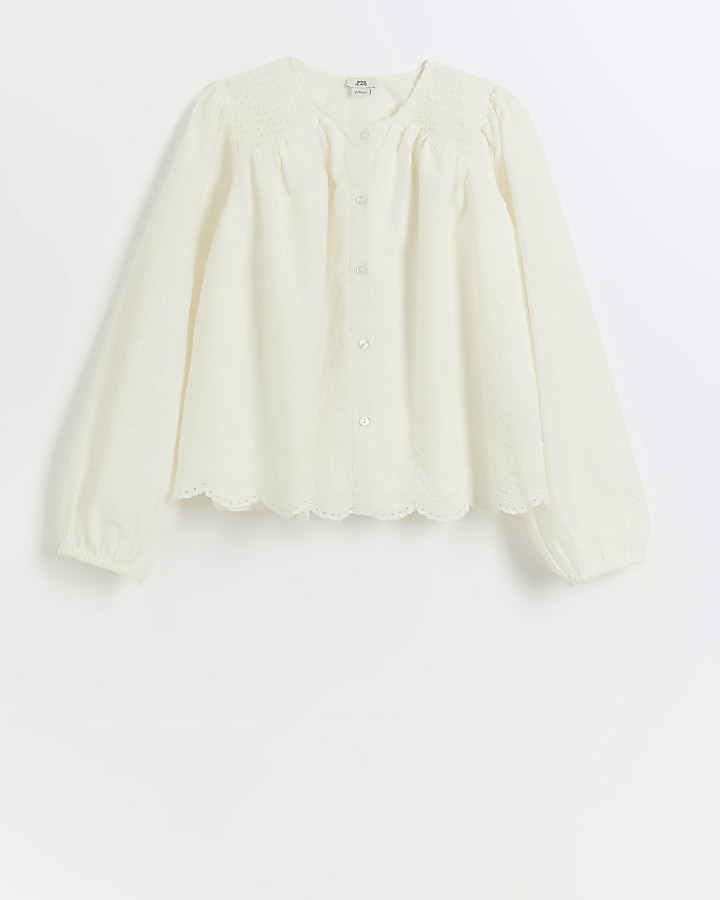 Girls cream embroidered button up blouse