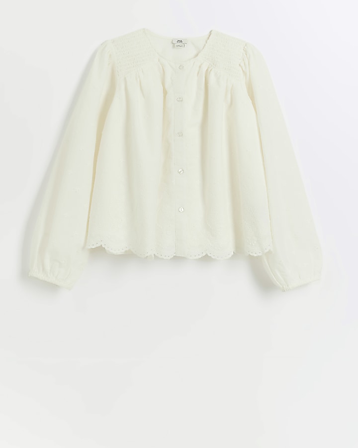 Girls cream embroidered button up blouse | River Island